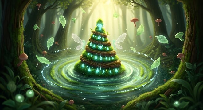 Magical tree tower in enchanted forest with glowing lights and water