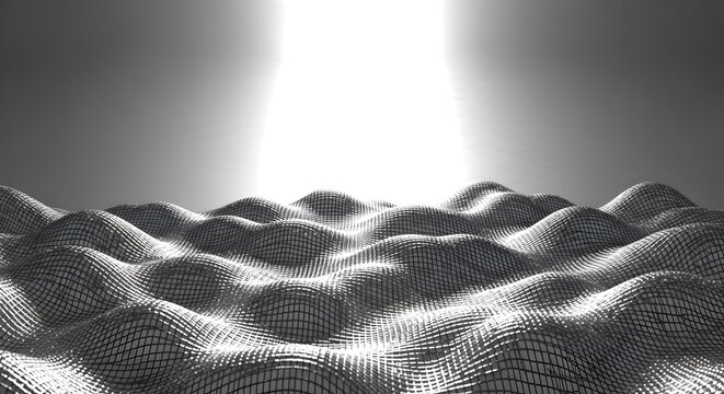 Abstract 3D wireframe landscape with wavy terrain and bright light source