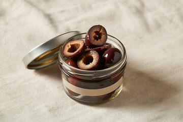 Sliced Black Olives Preserved in open Glass Jar on white Background