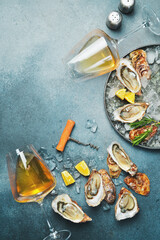 Fresh oysters with glasses of sparkling wine. Healthy sea food. Top view. Free space for text.