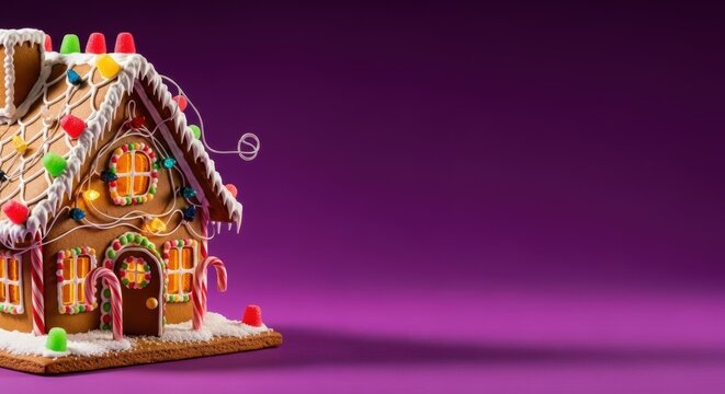 Gingerbread house with colorful candy and icing, a charming confection for holiday joy. Gingerbread house is festively decorated with gumdrops and candy canes.