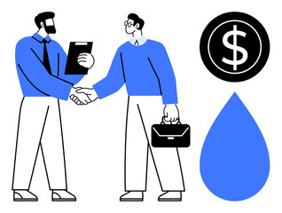 Two people shaking hands symbolizing cooperation, next to a dollar sign and water drop. Ideal for partnership, money, sustainability, trust, teamwork, deal-making eco-business. Simple flat metaphor