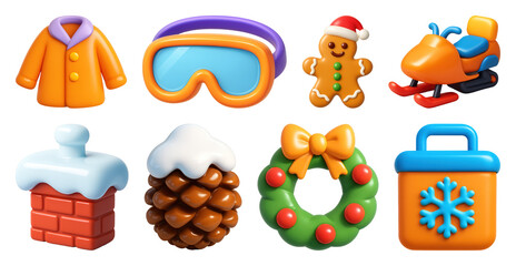 Fototapeta premium PNG Colorful winter holiday icons, element set on transparent background