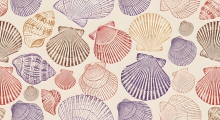 Pattern of colorful seashells in various shapes and sizes on a light background