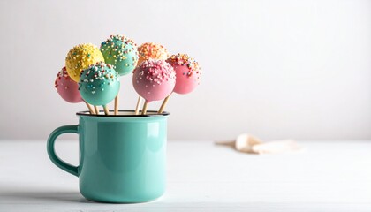 Colorful cake pops in turquoise mug on light wooden surface with clean white background.