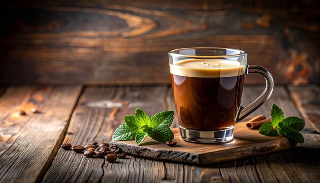 Two glass mugs of hot coffee with rising steam, surrounded by beans, cinnamon sticks, and rustic textures.