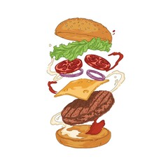 Exploded View Flying Cheeseburger Illustration. Dynamic Hamburger Ingredients with Sauce Splash and Patty
