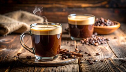 Two glass mugs of hot coffee with rising steam, surrounded by beans, cinnamon sticks, and rustic textures.