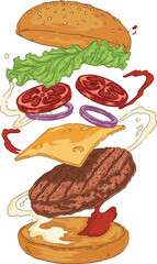Exploded View Flying Cheeseburger Illustration. Dynamic Hamburger Ingredients with Sauce Splash and Patty.eps
