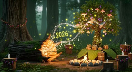 Enchanted forest new year celebration with lights and gifts for 2026