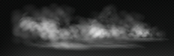 Atmospheric white mist and haze with realistic floor fog texture and dramatic light effect on dark background. © gala