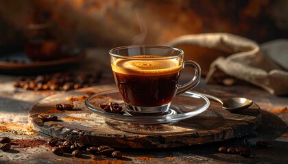 Freshly brewed espresso in glass cup with rising steam, surrounded by coffee beans and ground on dark surface.