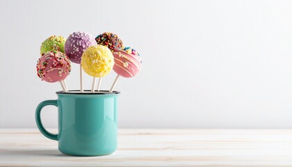 Colorful cake pops in turquoise mug on light wooden surface with clean white background.