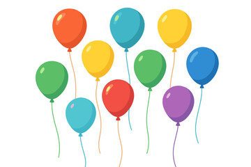 Floating Joyful Balloons. Brightly colored balloons float upwards, tethered by thin strings. Set against a clear sky with subtle cloud patterns, the composition conveys lightness