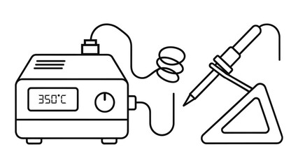 Electronic soldering station with temperature control unit and iron stand, used for precise circuit board assembly and r