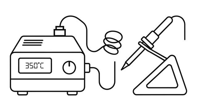 Electronic soldering station with temperature control unit and iron stand, used for precise circuit board assembly and r