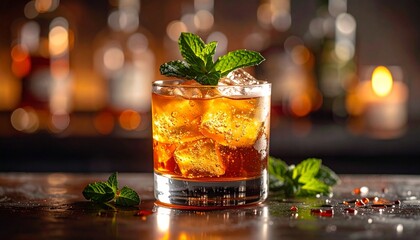 Two glasses of iced tea with mint and lime on wooden surface, warm lighting and refreshing summer vibe.