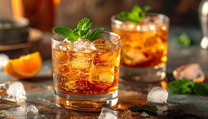 Two glasses of iced tea with mint and lime on wooden surface, warm lighting and refreshing summer vibe.