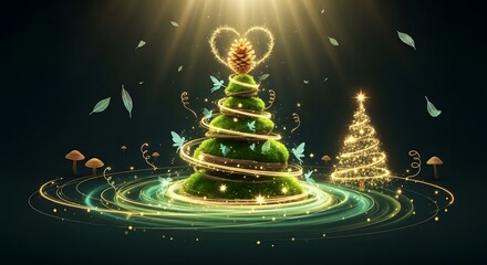 Festive christmas tree made of champagne bottles with golden lights and confetti