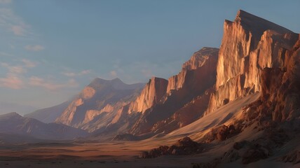  dramatic desert mountain landscape with towering cliffs at golden hour sunset light