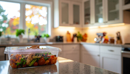 Thanksgiving meal idea with fresh vegetables and chicken in container highlights price increase concerns in modern kitchen setting