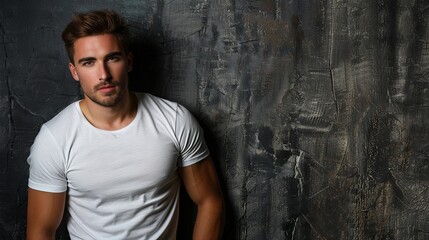 Handsome sexy man in white t-shirt on dark textured background with copy space. Ideal for commercial use in fashion campaigns, clothing advertising, lifestyle projects