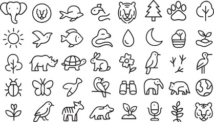 Collection of nature and animal icons, simple line art style Vector