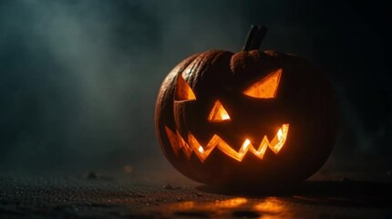 Spooky Halloween Jack-o'-Lantern with Eerie Glowing Face and Dramatic Smoke - Dark Night Background