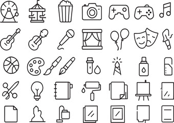 Collection of diverse entertainment and creative icons in a line art style Vector
