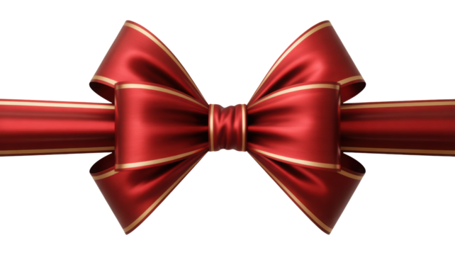 Luxurious shiny red satin ribbon bow with gold trim tied elegantly for gift wrapping decoration isolated on transparent background