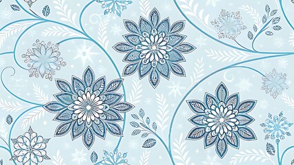 Elegant blue and white floral pattern with swirling vines and snowflake motifs