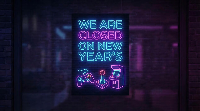 Neon sign says we are closed on new years with gaming icons, neon sign, closed, new years, gaming, arcade, joystick, gamepad, controller, video game, announcement, notification, holiday, celebration,