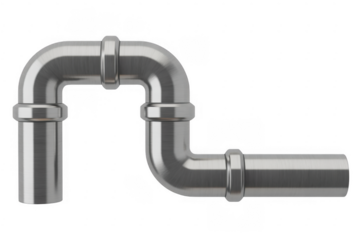 Brushed metal pipe section with elbow and couplings isolated on a transparent background