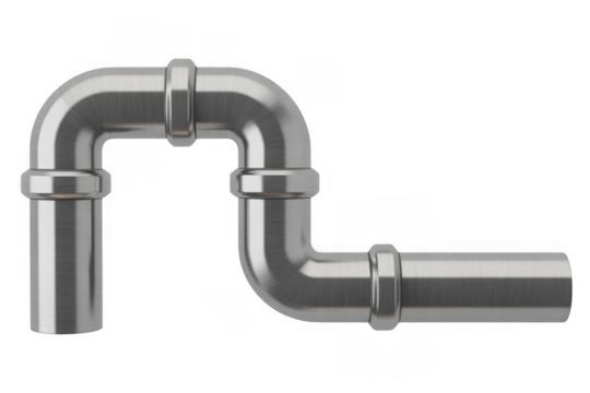 Brushed metal pipe section with elbow and couplings isolated on a transparent background
