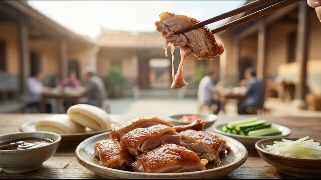 Close Up of Peking Duck Slices With Chopsticks in Restaurant