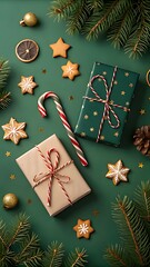 Festive christmas gifts and treats arranged on a green background with pine needles
