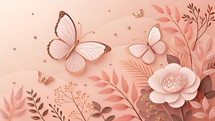Delicate pink butterflies and flowers in a soft dreamy garden setting