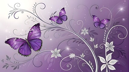 Elegant purple butterflies and floral swirls on a soft gradient background