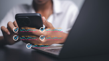 Person Using Smartphone with Digital Checklist and Task Management Icons