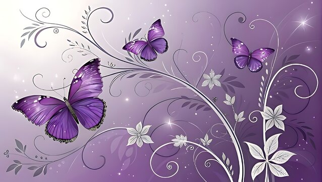 Elegant purple butterflies and floral swirls on a soft gradient background