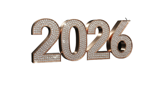 Glamorous 3D rendering of the year 2026 encrusted with sparkling diamonds. Luxurious typography for a New Year celebration on an isolated background