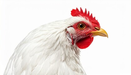 White chicken with red comb and yellow legs standing on white background, fully visible in side pose.