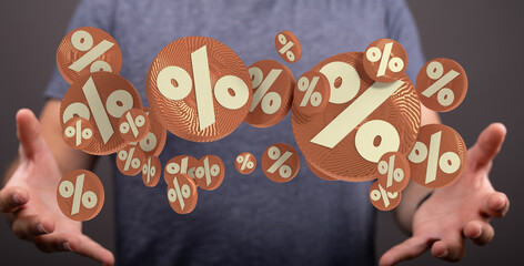 Abstract image of a person holding percentage symbols, business finance or sales related, discounts promotion and offers