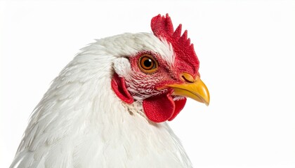 White chicken with red comb and yellow legs standing on white background, fully visible in side pose.