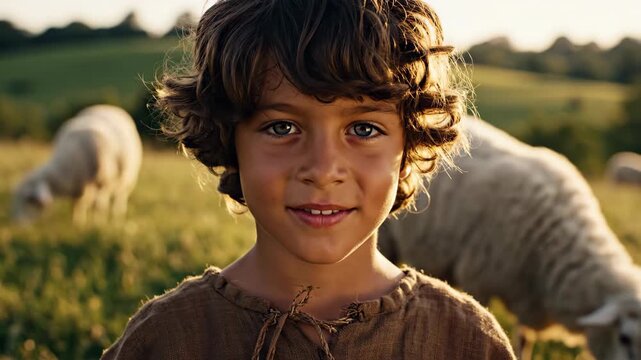 Portrait of young shepherd boy with curly hair smiling in green field with sheep flock in background representing biblical King David childhood or rural innocence lifestyle concepts
