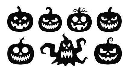 Set of Halloween pumpkin silhouettes spooky carved faces and a ghost vector illustration for holiday designs and decorations