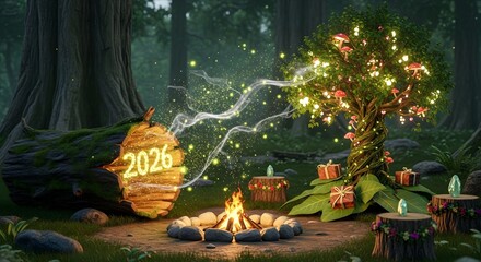 Enchanted forest campfire scene with 2026 new year celebration