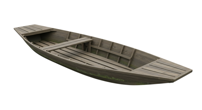 An old wooden rowboat with planks and a flat stern on a black background isolated shot background transparent 