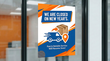 Blue delivery van and box closed for New Years sign, closed sign, new years, holiday, delivery, shipping, logistics, van, truck, box, package, location pin, map marker, resuming soon, announcement, in