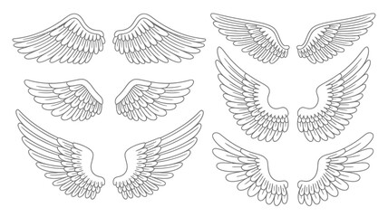 Set of detailed angel wings illustrations hand-drawn line art vector designs perfect for tattoo art or religious themes